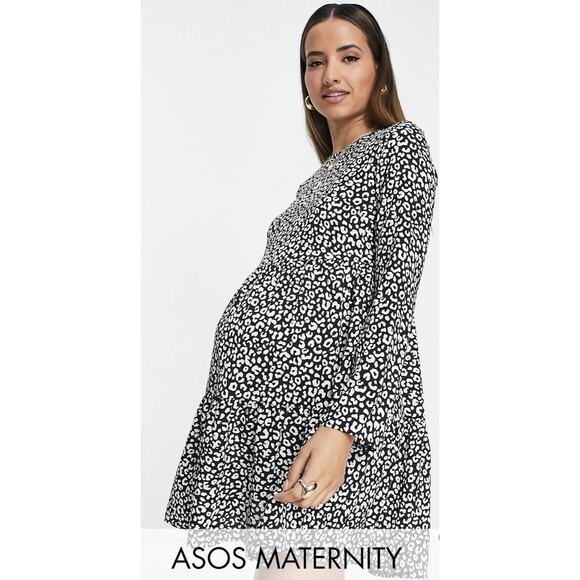 ASOS Maternity Mono Animal Print Long Sleeve Tiered Mini Dress Size 10 Black - Picture 3 of 9